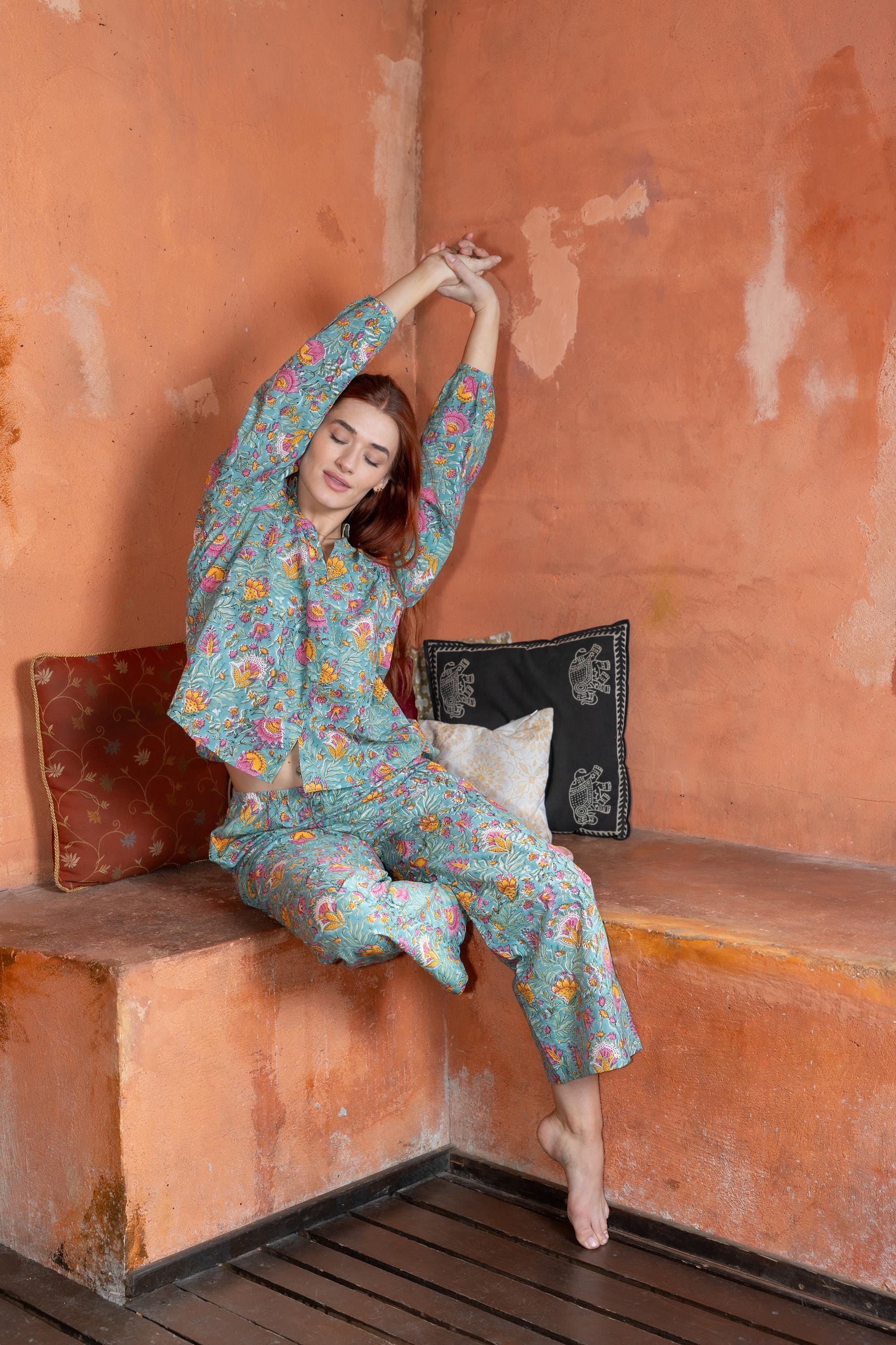 Handcrafted Indian Block Print Cotton Pink Pajama Set – Organic, Eco-Friendly Sleepwear with Elastic Waist and Pockets – Teal Floral Multi