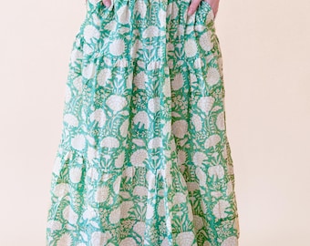 Green Floral Indian Block Print Cotton Maxi Skirt with Pockets, Handmade, Lightweight, Elastic Waisfband, Boho, Ethical Sustainable Fashion