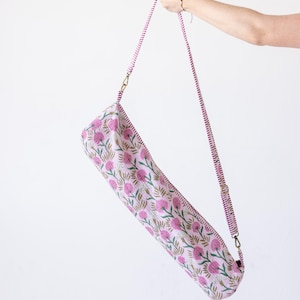 Yoga Mat Bag | Block Print Quilted Cotton Gym Sling with Zipper, Boho Mat Carrier, Gift for Her, Fits 24" 26" Dusty Pink