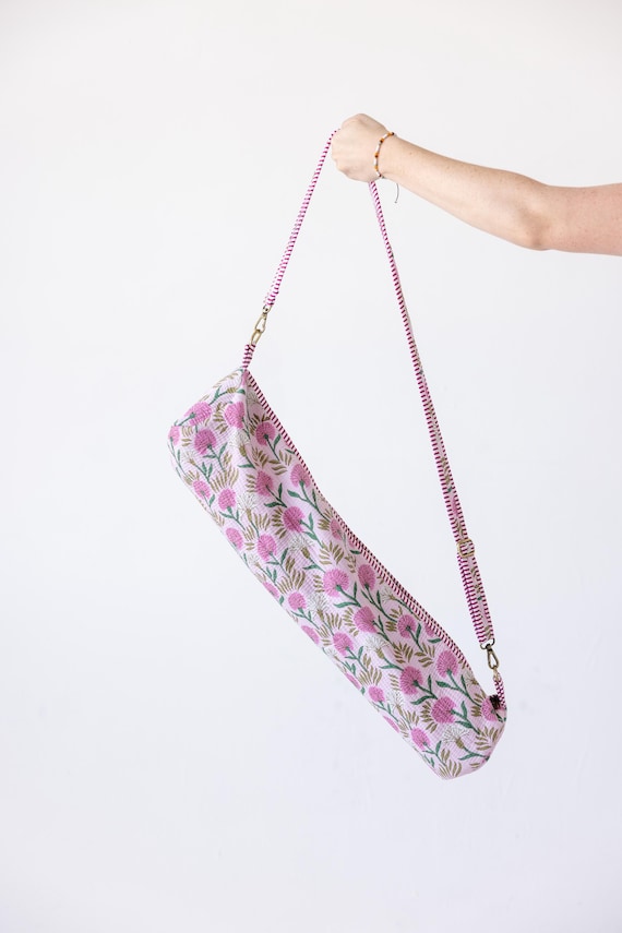 Block Print Quilted Yoga Bag | Hand Block Printed Cotton Gym Sling with Zipper, 24" 26" Mat Bag | Boho Gym Bag Gift