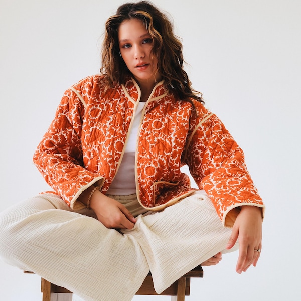 Jaqueta acolchoada de algodão com bolsos, casaco com estampa de blocos acolchoados em losango, jaqueta boho de modelagem relaxada para outono/inverno feminina.