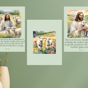 Christian Wall Art: Jesus and Lambs Watercolor Trio with Inspirational Verses