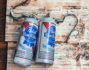 Handcrafted PBR-Inspired Earrings - The People's Beer Fashion Statement - Unique Pabst Blue Ribbon Beer Design Jewelry