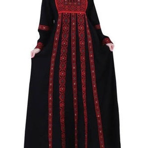 Palästinensische bestickte Abaya Schwarz und Rot Bild 1