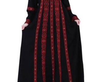 Palestinian Embroidered Abaya - Black & Red