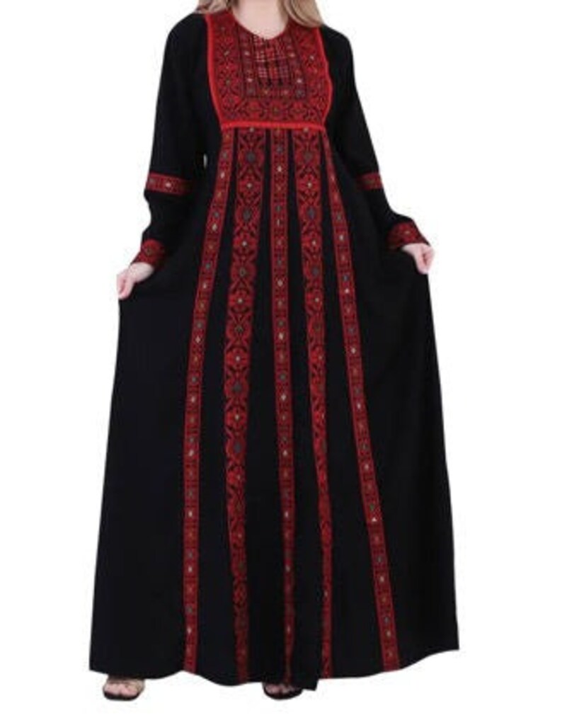 Palästinensische bestickte Abaya Schwarz und Rot Bild 1