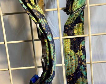 Guitar Strap ,Celestial patterns with gold , handmade in the USA, soft fabric, real leather ends,64",  adjustable belt, extra padding