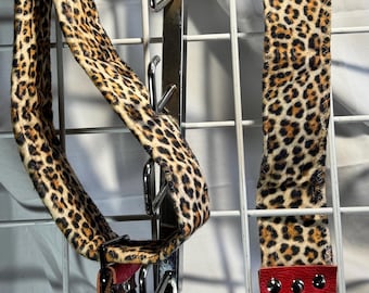 Guitar Strap ,"Red Leopard " Flannel Fabric handmade in the USA, Italian Leather ,62",  adjustable belt, extra padding .