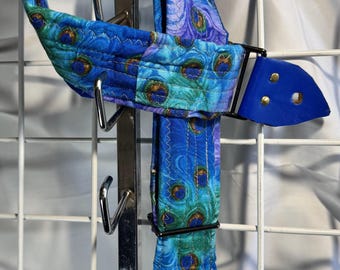 Guitar Strap ,Superbia Peacock design, handmade in the USA, soft fabric, real leather ends,64",  adjustable belt, extra padding  sewn in .
