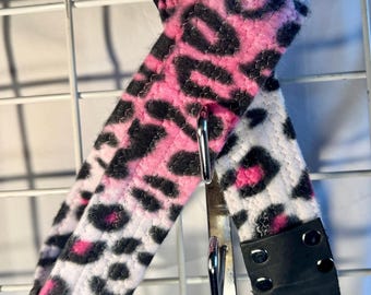 Guitar Strap , "Skinny Pink 60"Pink Leopard Fleece Fabric handmade in the USA, real leather ends, adjustable belt, Nylon backing 2" x 60"