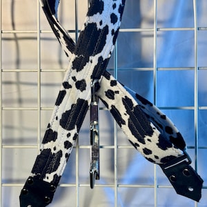 Guitar Strap, &quot;Skinny Cow Tejano&quot; Cow Print Black White Soft Flannel Fabric.  Made in  USA, Web Strap sewn in for backing,  2.5&quot; x 64&quot;