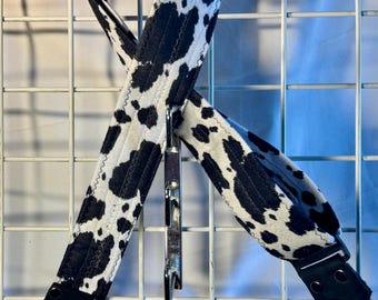 Guitar Strap, "Skinny Cow Tejano" Cow Print Black White Soft Flannel Fabric.  Made in  USA, Web Strap sewn in for backing,  2.5" x 64"