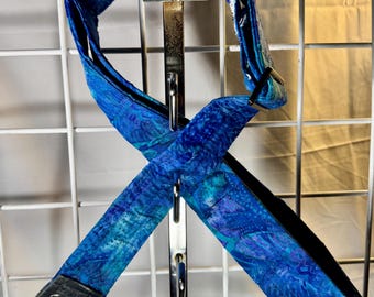 Guitar Strap, Blue Bhakti design, made in the USA, cotton fabric, real leather ends ,64  adjustable belt, extra padding extra comfort..