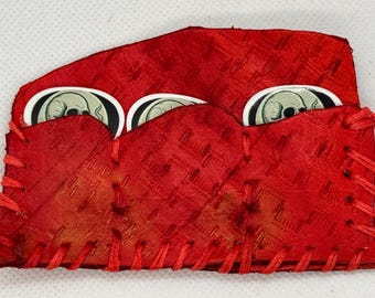 Guitar pick pouch for wallet or back pocket 100% real leather, 2”x3” Red.