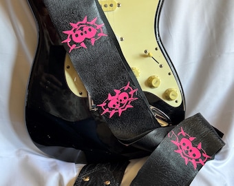 Guitar Straps, “Rock Fantasy”, 3” strap, Black Leather,, vinyl art ,real leather ends, 62",  adjustable belt.
