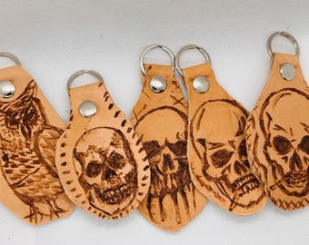 Real Veg-Tan Leather Keychain Holder– Handcrafted with Pyrography Art- various designs
