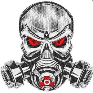 May include: Black and white embroidered patch of a skull wearing a gas mask with red eyes. The gas mask has a black and white filter and a red and white symbol on the front.