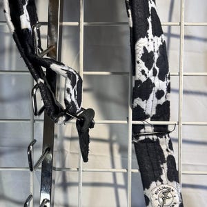 Guitar Strap, &quot;Tejano&quot; Cow Print Black White Soft Flannel Fabric. Handmade in the USA, adjustable belt, extra padding . 2.5&quot; x 64&quot;