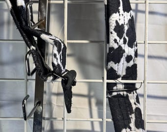 Guitar Strap, "Tejano" Cow Print Black White Soft Flannel Fabric. Handmade in the USA, adjustable belt, extra padding . 2.5" x 64"