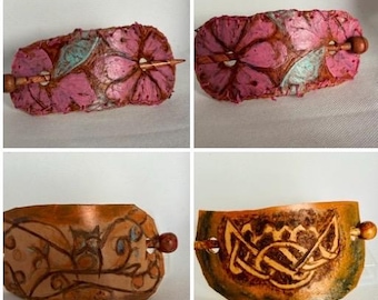 Real Veg-Tan Leather Hair Slide Barrette – Handcrafted with Pyrography Art- various designs