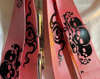 Guitar Straps, various designs, Pink  nylon, durable vinyl art ,real leather ends, 62",  adjustable belt. strong and durable Webbing