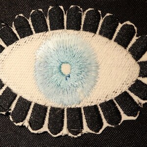 May include: A white eye patch with a blue iris and black eyelashes. The eye patch is surrounded by a black scalloped border.