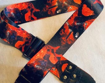 Guitar Strap, Ghost Skull , cloth fabric,  real leather ends, 62",  adjustable belt. extra padding Webbing