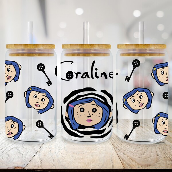 16oz Coraline Glass Libbey Wrap PNG, Halloween, Digital download, Instant download