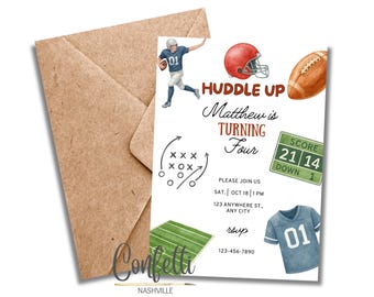 May include: Football-themed invitation with a brown envelope. The invitation features a watercolor illustration of a football player, helmet, and football. Text reads "Huddle Up, Matthew is Turning Four." Includes RSVP information.