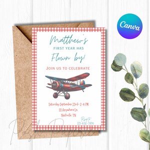 Airplane Editable Party Invitation, First Year Has Flown By, Vintage Airplane