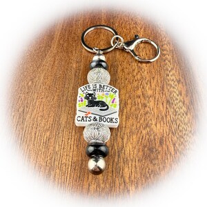 Cat & Book Lover Bag Charm, Vintage Style Acrylic Beading Keychain