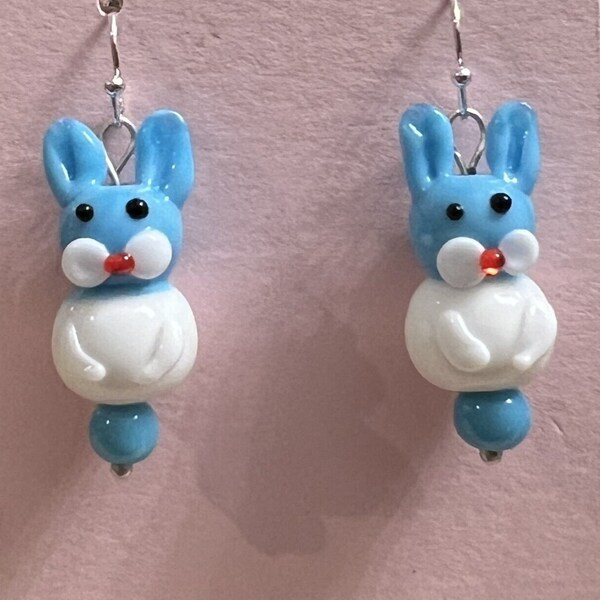 Easter Earrings - Lampwork Glass 3D Blue and White Easter Bunny On Stainless Steel Earring Hook
