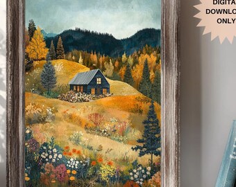 Fall Mountain Wall Art | Fall Mountains Print | Cozy Cabin Decor | Autumn Mountain Art | Fall Retreat Scene | Cozy Art | Fall Retreat Art