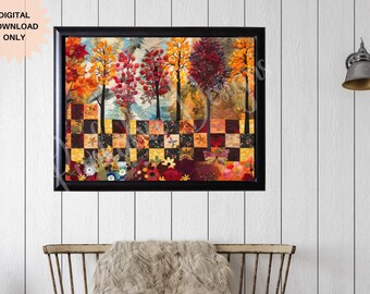 Quilted fall wall art | Colorful tree fall wall art | Autumn tree wall art | Rustic printable fall art | Fall quilt design | Quilt wall art