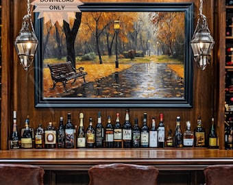 Rainy Fall Wall Art | Fall Park Print |  Park Bench Decor | Autumn Park Aesthetic | Autumn Rain Scene | Moody Fall Decor | Bench Art