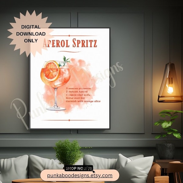 Aperol spritz cocktail wall art poster lounge decor bar cart art trendy cocktail print his/hers signature drinks gift for cocktail lover