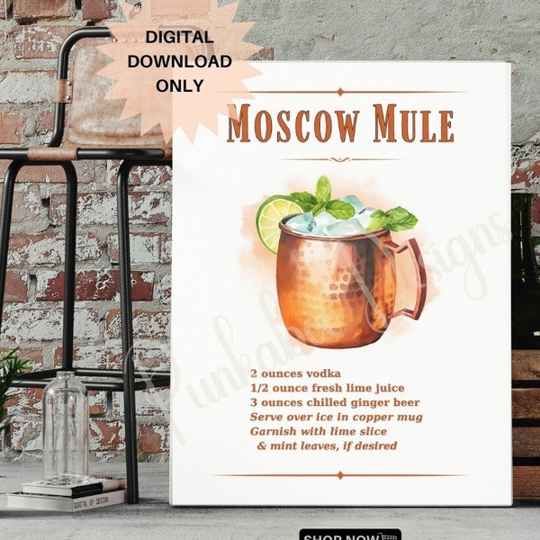 Moscow Mule cocktail wall art poster lounge decor bar cart art trendy cocktail print his/hers signature drinks gift for cocktail lover