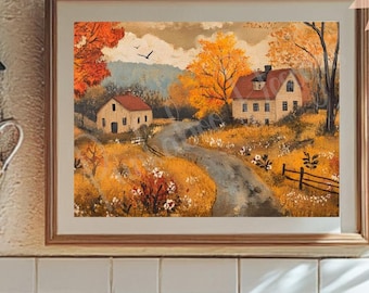 Fall Americana Landscape Wall Art | Autumn Country Scene Rustic Fall Print | Vintage Rural Autumn Farmhouse Decor | Nostalgic Fall Art