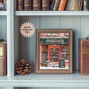 Cozy Christmas Bookstore  | Cozy Bookstore | Bookstore at Christmas | Coquette Christmas | Pink Bookstore | Book Nook Art | Cozy Bookshop