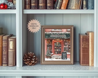 Cozy Christmas Bookstore  | Cozy Bookstore | Bookstore at Christmas | Coquette Christmas | Pink Bookstore | Book Nook Art | Cozy Bookshop