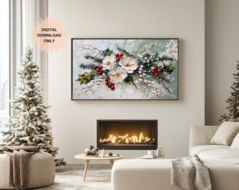 Christmas Flowers Frame Tv | Holly Berry Frame TV | Winter White Flowers Frame TV | Festive Holiday Frame TV | White Floral Frame Tv