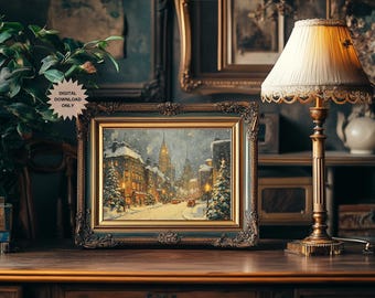 Vintage Christmas Street Scene Wall Art Print | Snowy Winter City Scene | Cozy Christmas Wall Art Print | Vintage Holiday Print