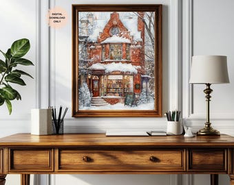 Cozy Winter Bookstore Wall Art | Cozy Bookstore | Bookstore in Winter Print | City Bookstore Art | Book Nook Decor | Gift for Book Lover