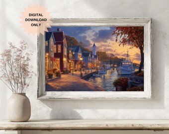 Fall Harbor Wall Art | Autumn Coastal Print | Harbor Fall Print | Fall Coastal Print | Autumn Harbor Print | Cozy Art Fall