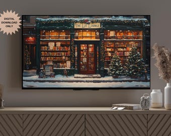 Cozy Christmas Bookstore Frame TV Art | Christmas Bookshop Frame TV Art | Snowy Bookstore Frame TV Art | Winter Bookshop Frame Tv Art