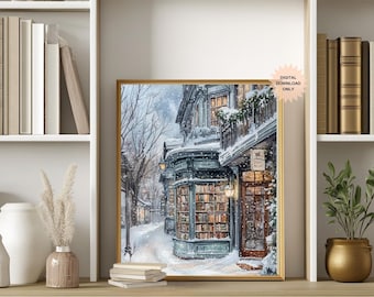 Cozy Winter Bookstore Wall Art | Cozy Bookstore | Bookstore in Winter Print | City Bookstore Art | Book Nook Decor | Gift for Book Lover