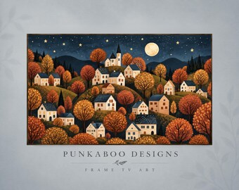 Autumn Village Frame TV Art, Whimsical Fall Folk Art, Moonlit Village Landscape, Modern Fall Frame TV, Contemporary Autumn Frame TV