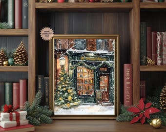 Cozy Christmas Bookstore Wall Art | Cozy Bookstore | Bookstore at Christmas Print | City Bookstore Art | Book Nook Art | Gift for Book Lover