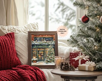Cozy Christmas Bookstore Wall Art | Cozy Bookstore | Bookstore at Christmas Print | Book Lover Print | City Bookstore Art | Book Nook Art