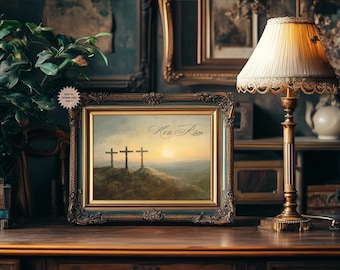 He Is Risen-muurkunst | Religieus Pasen | Christelijke paaskunst | Drie kruisen | Kunst op Goede Vrijdag | Jezus kruisiging | Neutraal paasdecor
